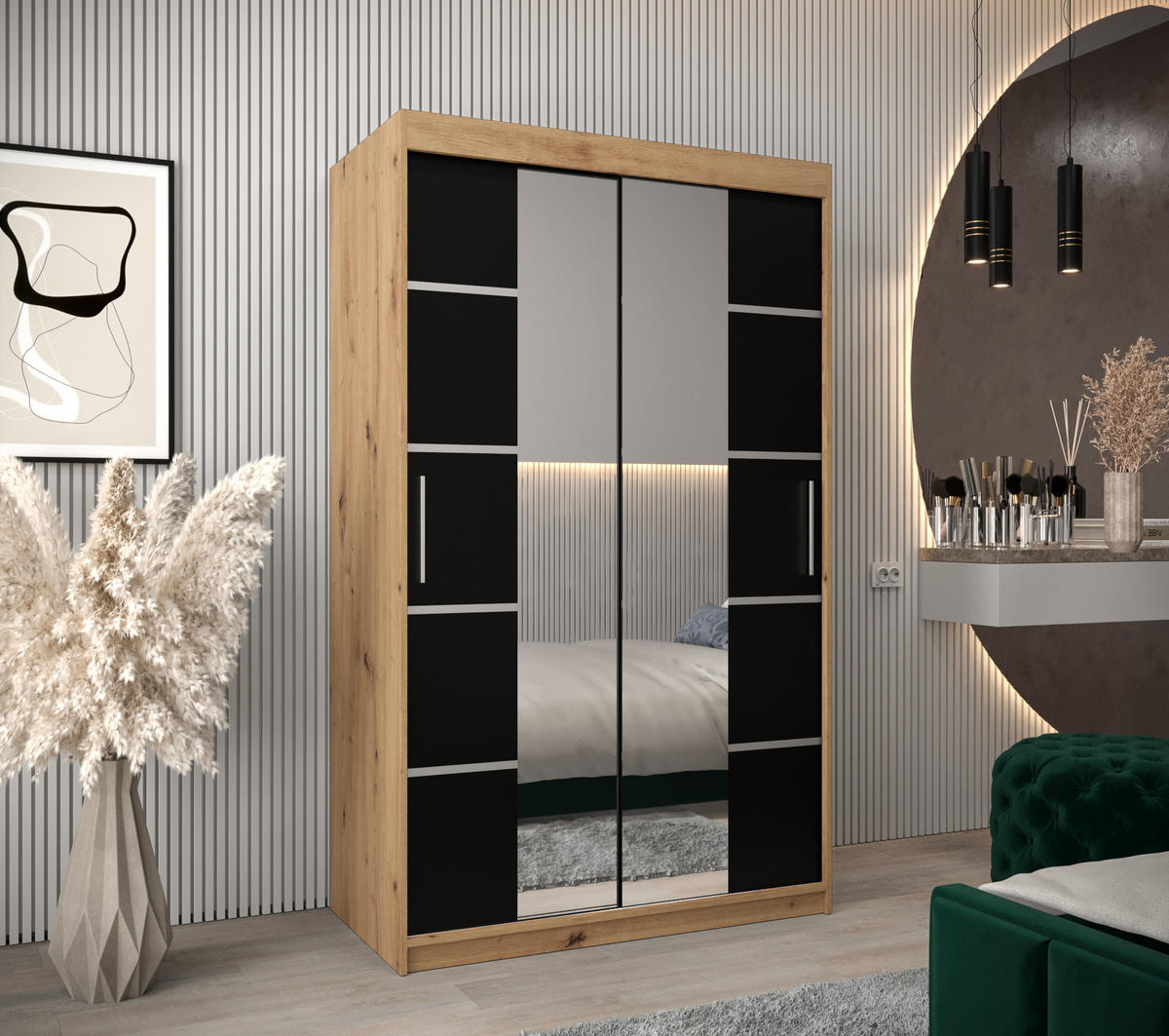 SCHWEBETÜRENSCHRANK 200/120/62 2-türig - Silberfarben/Schwarz, Holz/Kunststoff (120/200/62cm) - Abiks Möbel