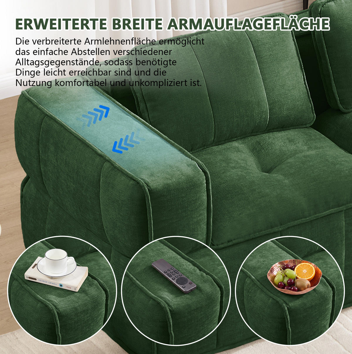 SOFA 271/93/67 cm in Grün aus Polyester mit modularer Flexibilität und rutschfester Basis - Grün, Kunststoff (93/67/271cm) - Flora Grace