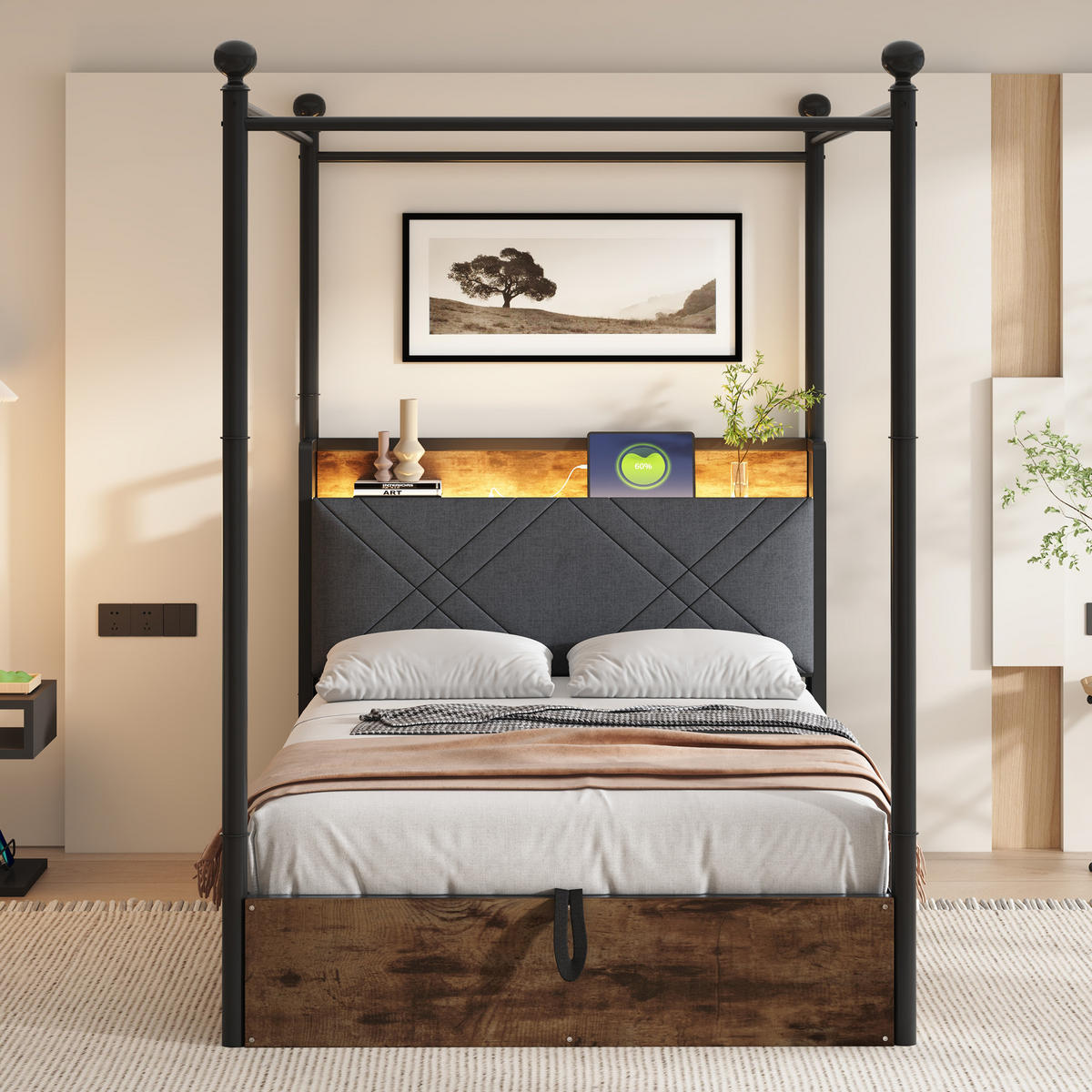 METALLBETT 90x190 cm Stauraum Baldachin schwarz - Schwarz, Metall (90/190cm) - LEBENLANG