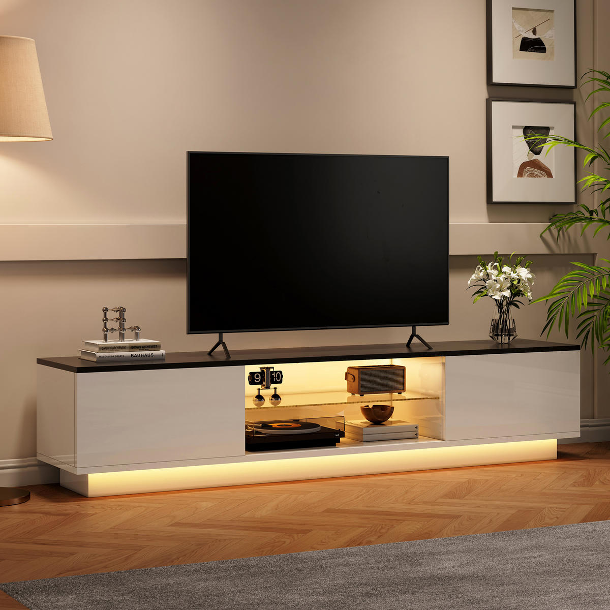 TV LOWBOARD 140x32x30 cm LED 16 Farben Türen Holz weiß schwarz - Weiß, Holz (140/42/32cm) - LEBENLANG