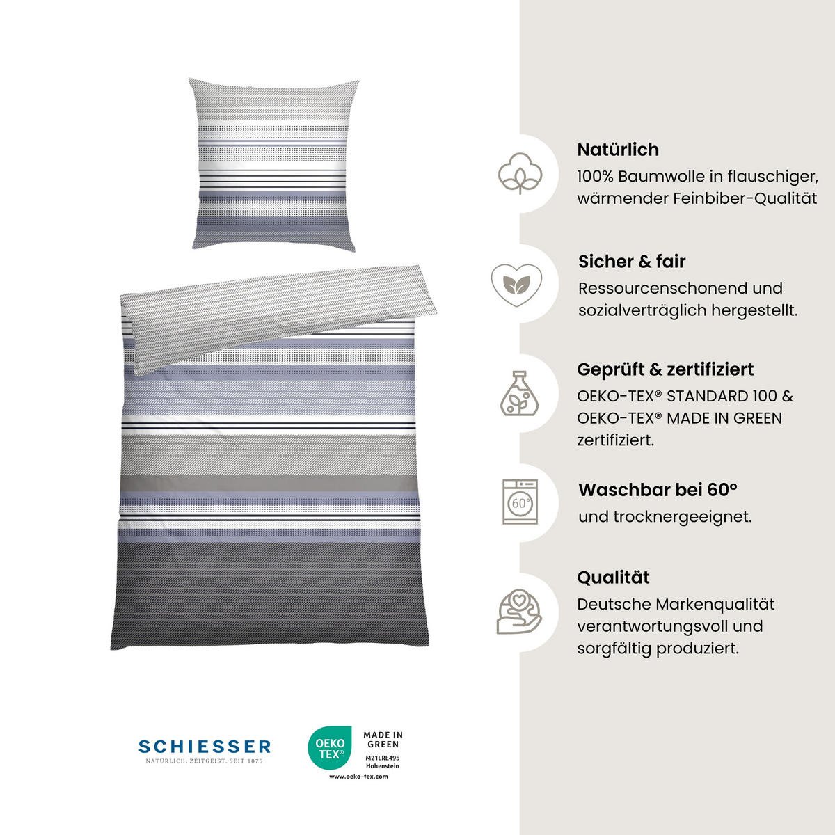 BETTWÄSCHESET Pino - Feinbiber - 2-teilig - 135 x 200 cm - Grau-Hellblau - Hellblau, Textil (135/200cm) - SCHIESSER