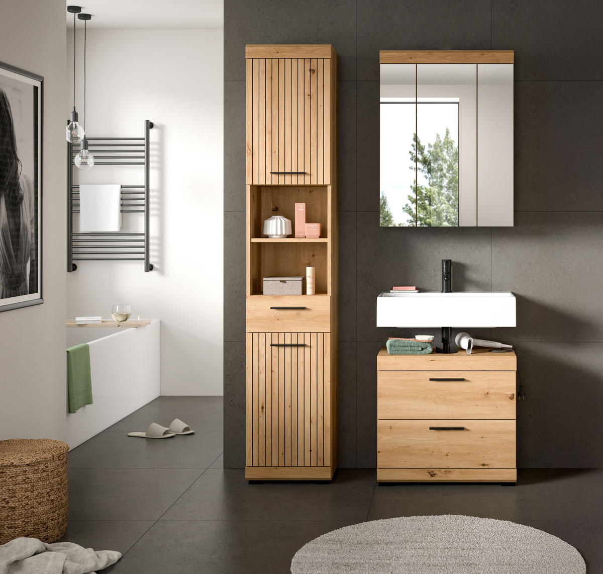 BADEZIMMER Vento 3-tlg. (B/H/T: ca. 112/191/34 cm) in Artisan Eiche /Artisan Eiche - Eiche Artisan, Holz (112/191/34cm)