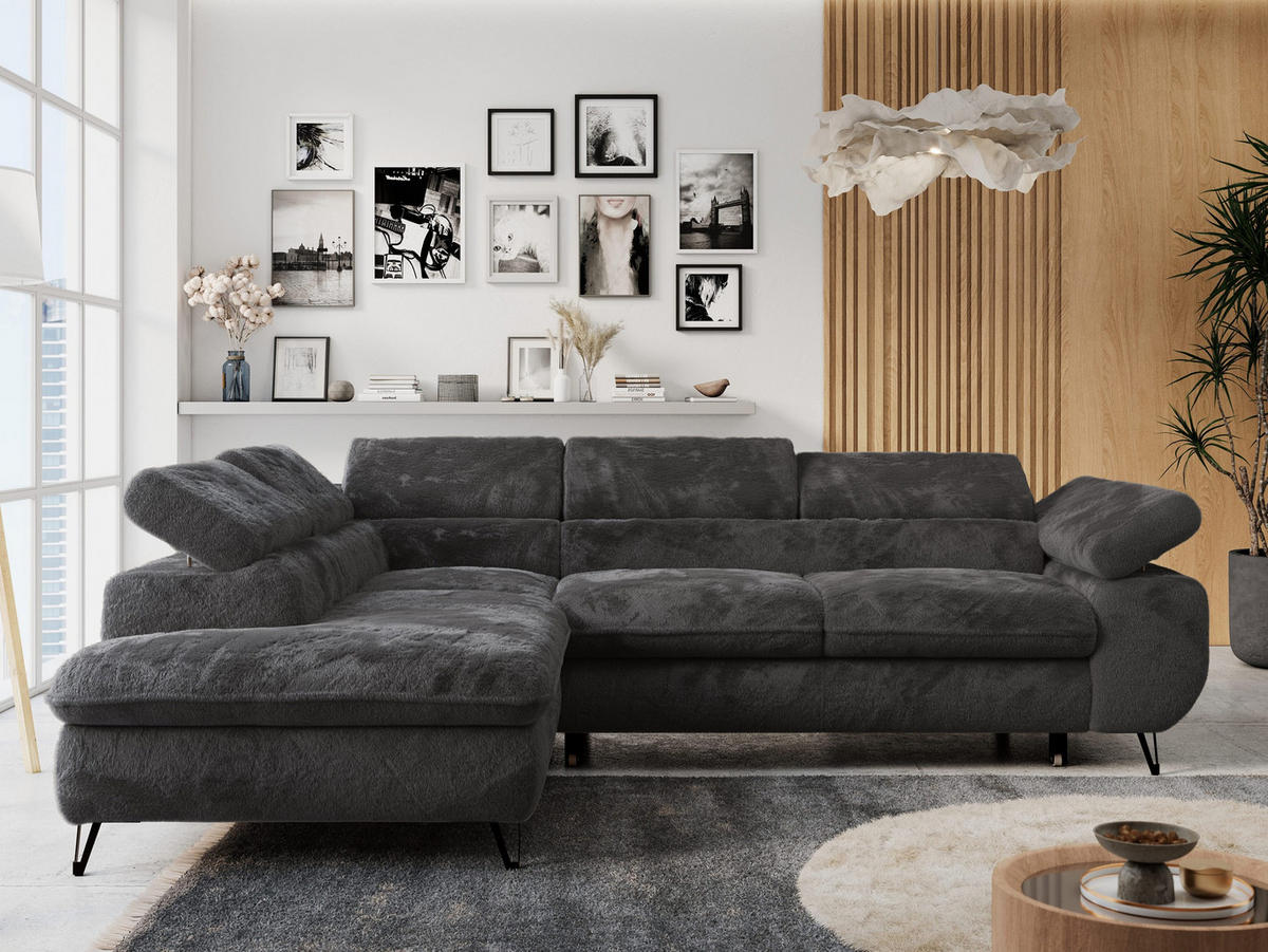 ECKSOFA PETER L Anthrazit Plüsch - Links Seite - Anthrazit/Schwarz, Textil/Metall (208/273cm) - MKS