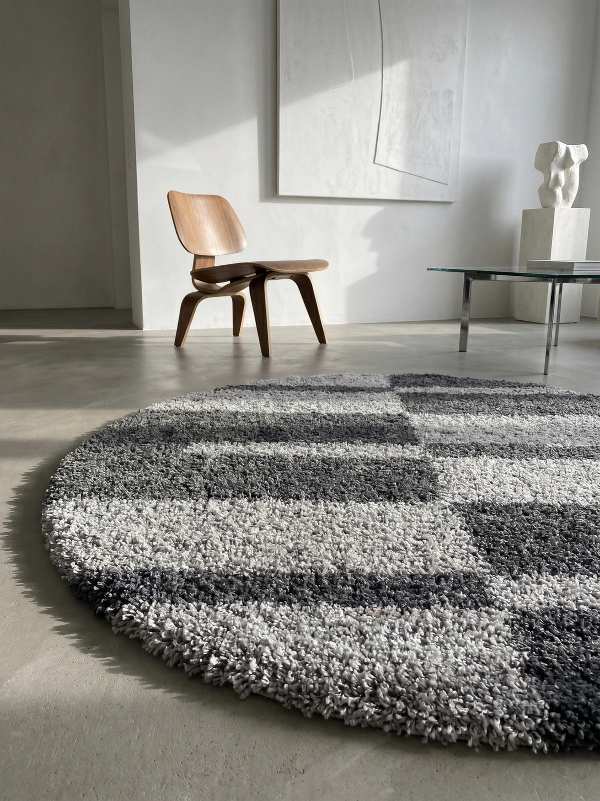 HOCHFLORTEPPICH Shaggy Kariert Kuschelig Waschbar Wohnzimmer Rund Grau 80x80 cm – WERFEN - Grau, Textil (80/80cm) - KADIMA DESIGN
