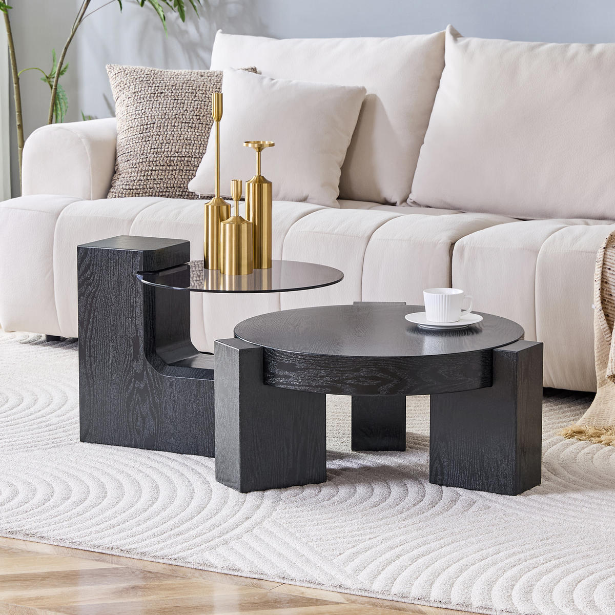 COUCHTISCH in Schwarz 2er-Set Couchtisch-Kombination mit Glasplatte für Wohnzimmer, B44/T62/H44 cm, Ø61/H30 cm - Schwarz, Glas/Holzwerkstoff (61/61/44cm) - STILVORA