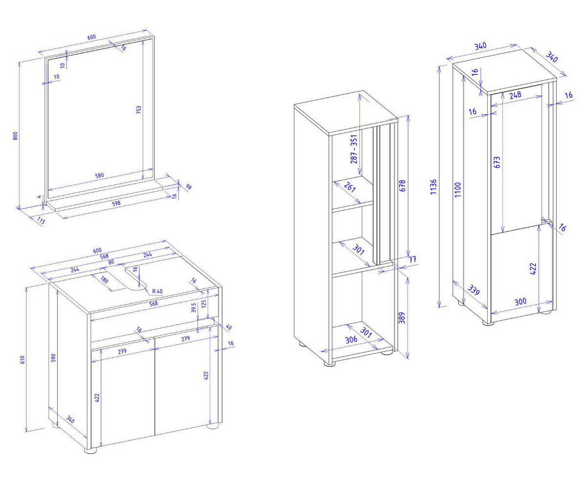 BADMÖBEL-SET 3-teilig grau matt, Wotan Eiche, Badkombination 114 cm - Eiche Wotan/Schwarz, Glas/Holzwerkstoff (116/200/34cm) - Furn.Design