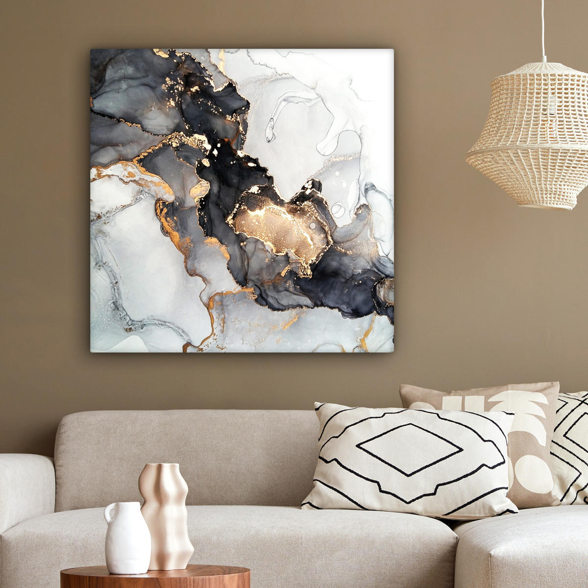 LEINWANDBILD Marmor - Schwarz - Weiß - Gold - Luxus - Abstrakt 90x90 cm - Goldfarben, Textil (90/90cm) - MuchoWow