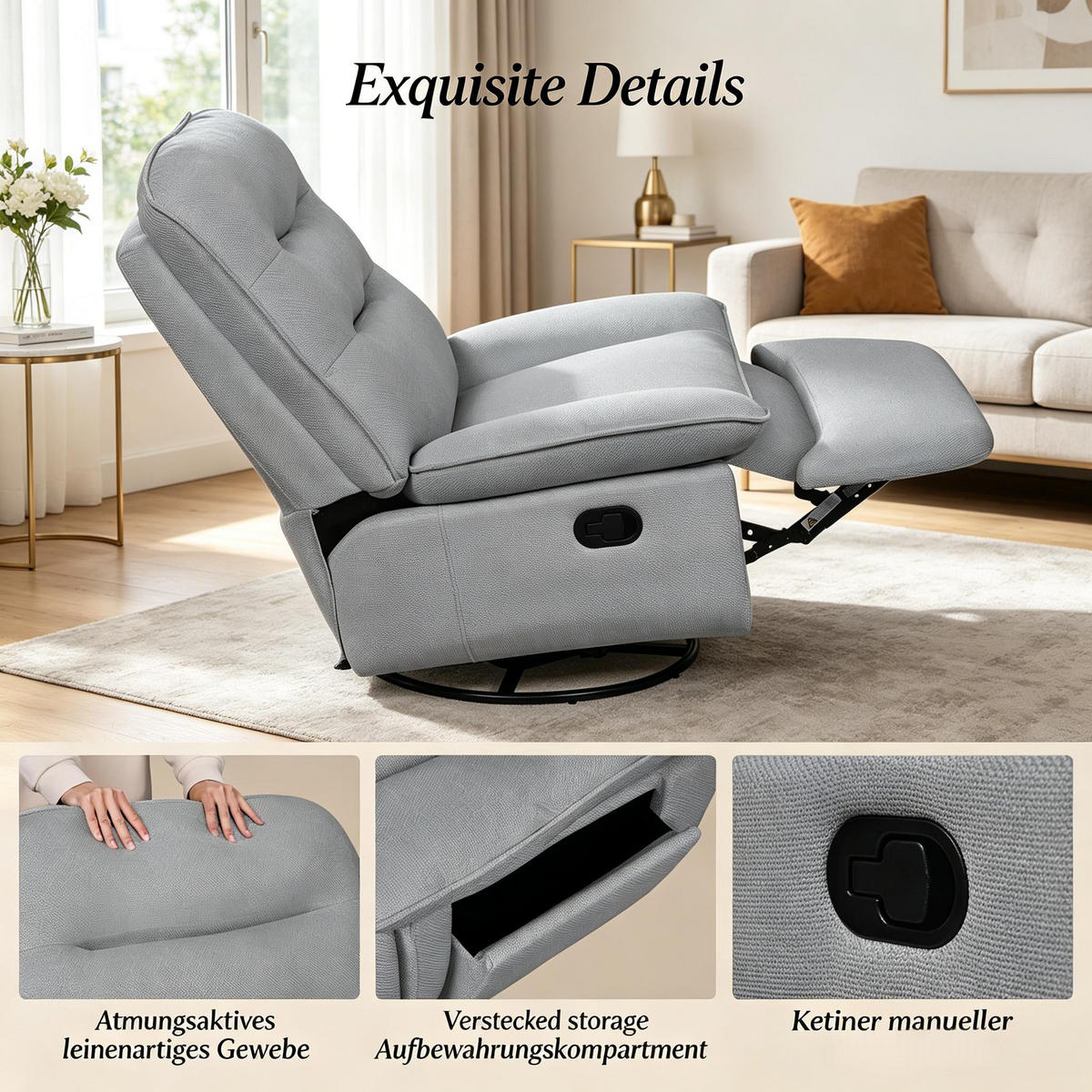 RELAXSESSEL 360° drehbar mit Fußstütze und Stauraum, DE-42187, Dunkelgrau - Dunkelgrau, Metall (49.5/106/95cm) - ComfortXL