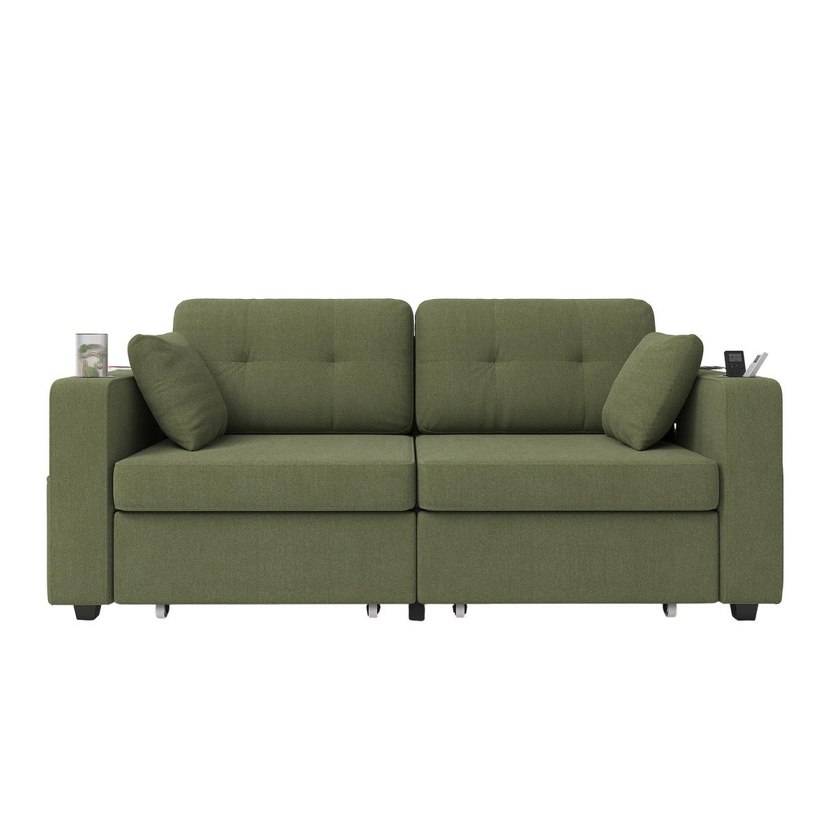 2-SITZER-SOFA 172/75/82 cm mit USB-Anschlüssen, Stauraumschubladen, Getränkehaltern und Seitentaschen, Olive - Salbeigrün, Textil (172/82/75cm) - Redom