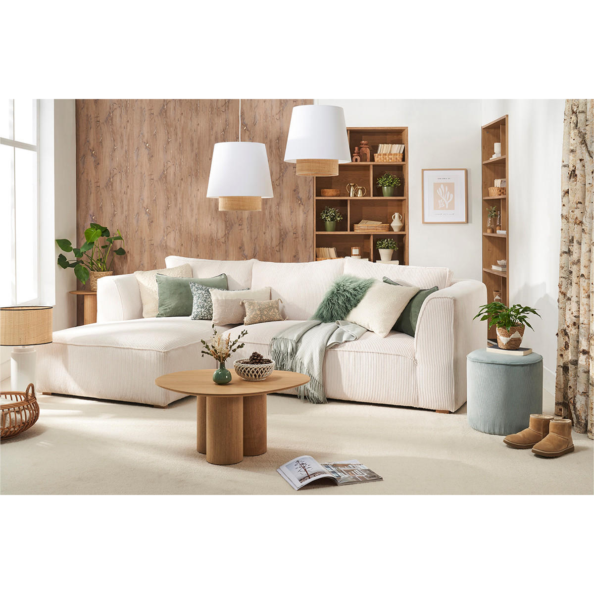 ECKSOFA Links Ecrufarbener Cordstoff Samteffekt 3-4-Sitzer – PANAM - Weiß, Textil (168/272cm) - Miliboo