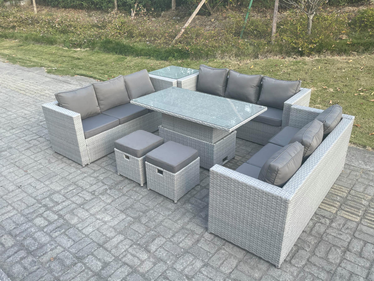 GARTENMÖBEL SET Polyrattan Helles Grau 7-teilige - Hellgrau, Metall - Fimous