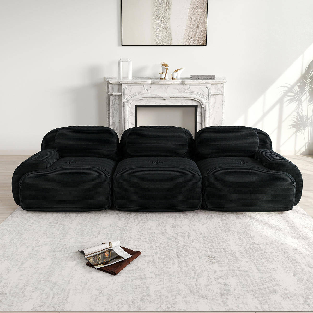 ECKSOFA modular rahmenlos Cordstoff Black - Schwarz, Kunststoff (103/75/298cm) - Meubliv