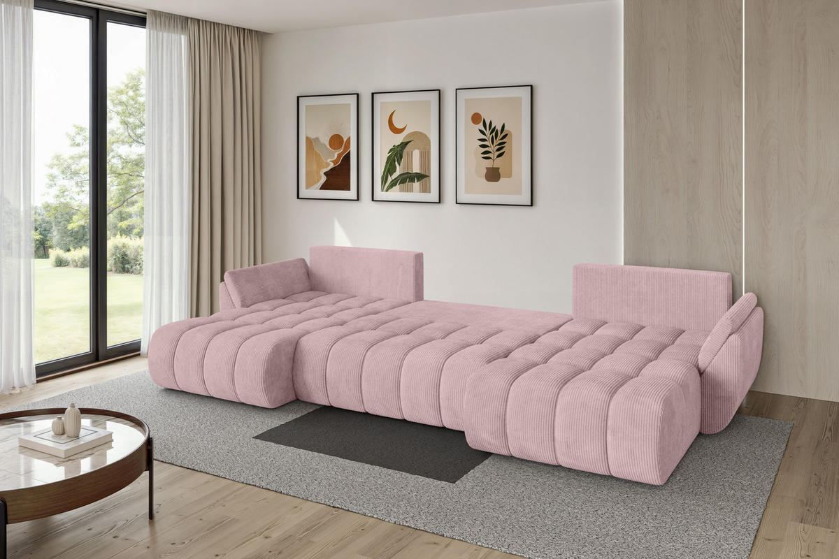 SEDACÍ SOUPRAVA DO U s funkcí spaní a úložným prostorem TOKO-U-v1 378x194x86 růžová manšestr - růžová/černá, kompozitní dřevo/textil (378/86/194cm) - ALTDECOR