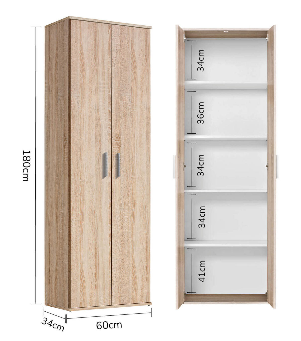 MEHRZWECKSCHRANK Der Lange - Weiß/Sonoma Eiche, Holzwerkstoff (60/180/34cm) - Mokebo