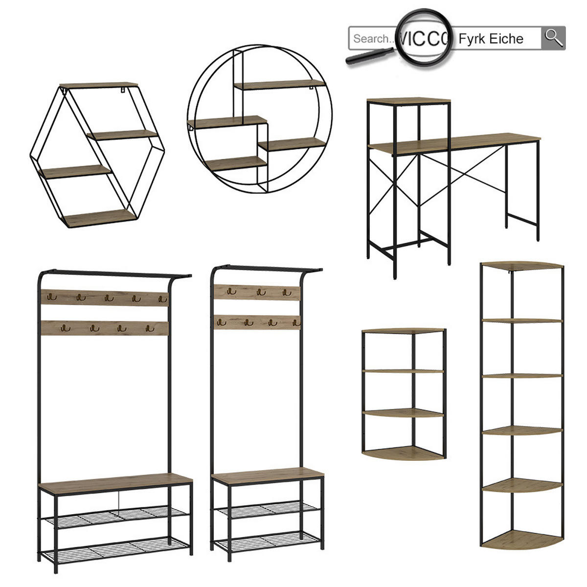 WANDGARDEROBE Fyrk Eiche 70 x 190 cm - Eichefarben/Schwarz, Holzwerkstoff (70/190/30cm) - Vicco