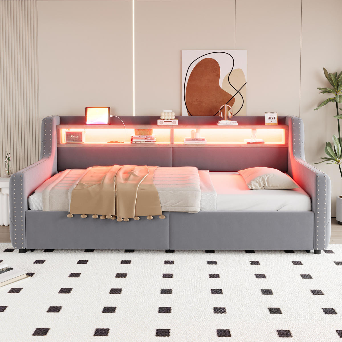 POLSTERBETT 90/200 cm aus Samt mit LED-Beleuchtung, Stauraum, USB- und Typ-C-Anschluss, Hellgrau - Hellgrau, Textil (90/200cm) - Redom