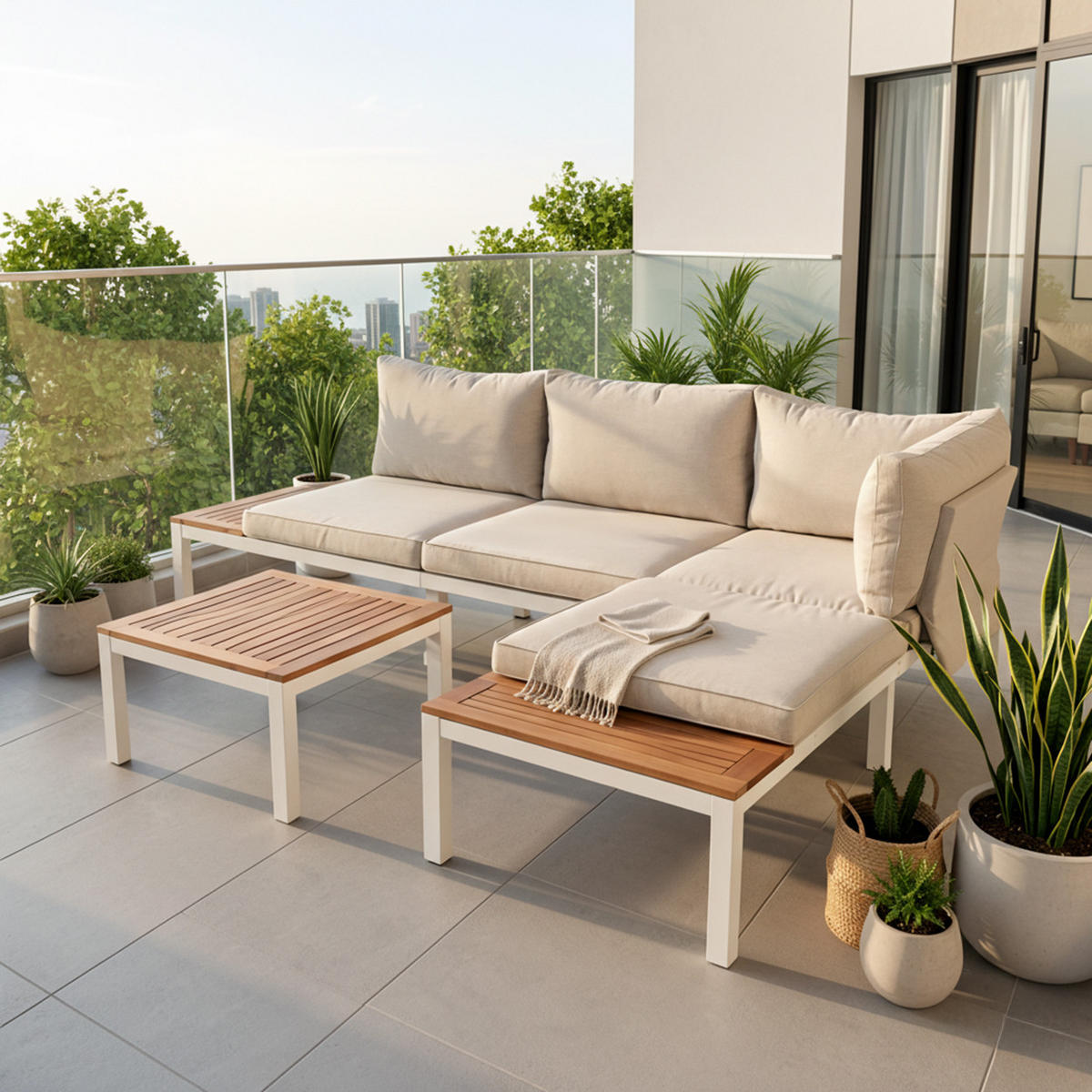 LOUNGEGARNITUR 5-tlg. Stahl & Akazie Beige Gartensofa mit Tisch & Beistelltischen - Beige, Metall - Urban Meuble