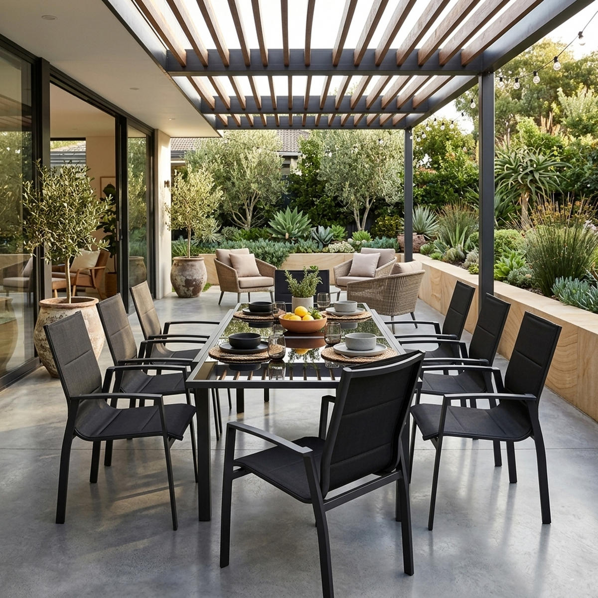 GARTEN-GARNITUR Ashford - 9-teilige Garten-Essgruppe (8x Stapelsessel mit Aluminiumgestell schwarz, Bespannung Textillehne schwarz - Schwarz, Metall - TPFGarden