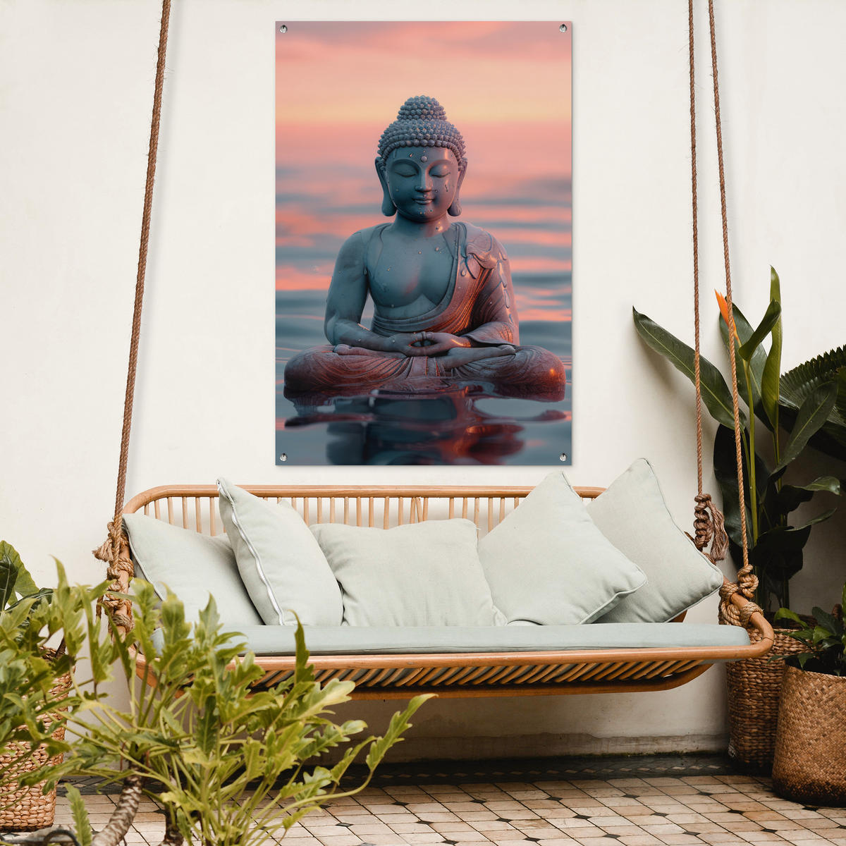 ZAHRADNÍ PLAKÁT Buddha - Socha - Buddha - Voda - Umění - Buddha 80x120 cm - šedohnědá, plast (80/120/0.2cm) - OnlyWow
