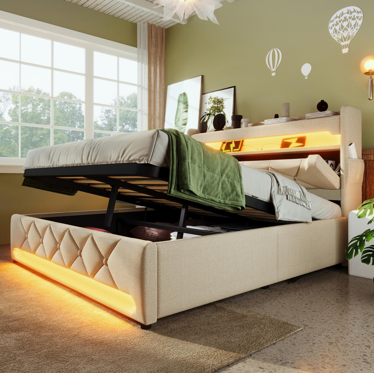 BETT mit Stauraum, LED und Ladefunktion 140x200 cm Leinen Beige inkl. Matratze - Beige, Metall (140/200cm) - Meubliv