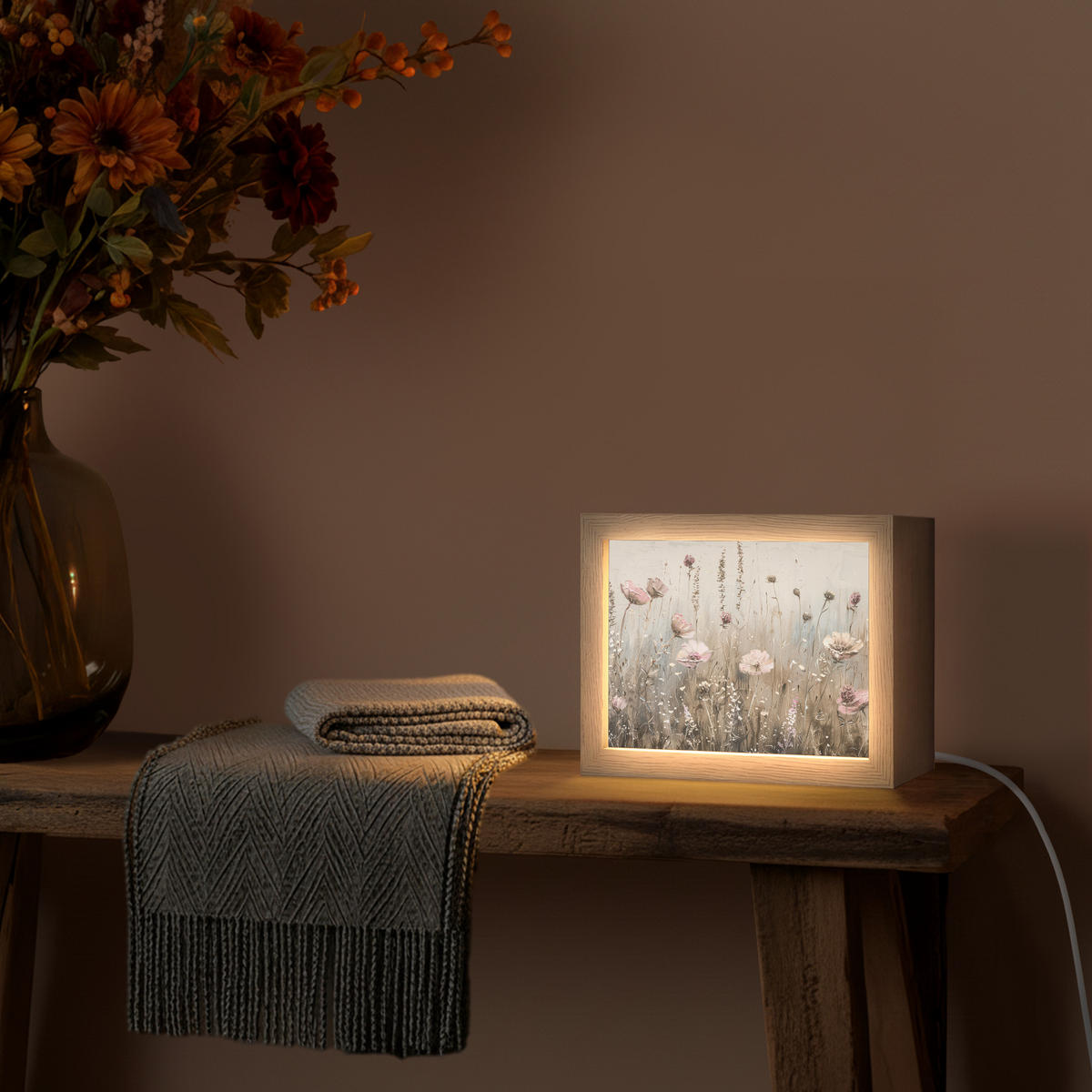 NÁSTĚNNÁ LAMPA Květiny - růžová - moderní - béžová 20x15 cm - starorůžová, kompozitní dřevo (20/15/8cm) - OnlyWow