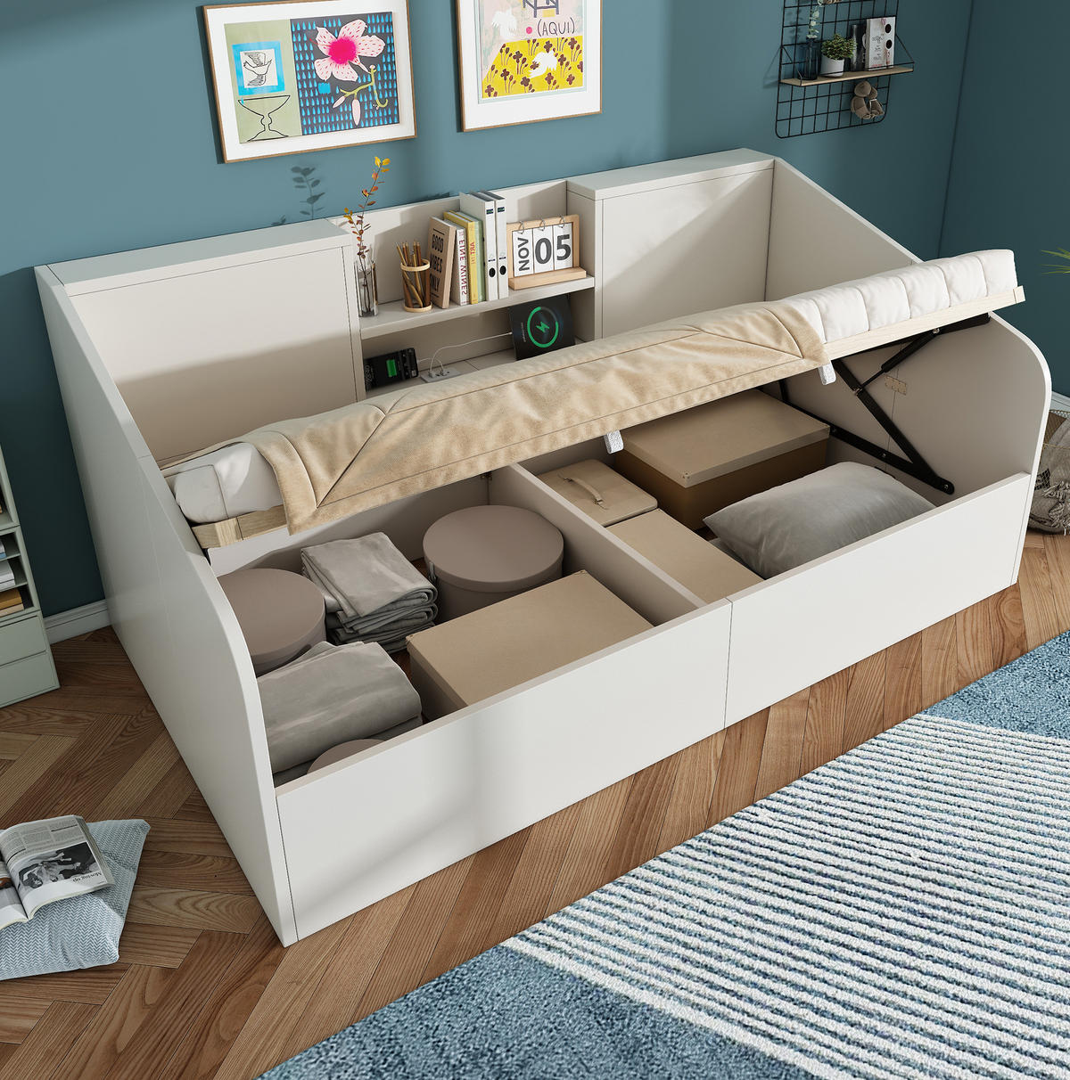 POLSTERBETT 90/200 cm Weiß aus Holz mit Stauraum - Weiß, Textil (90/200cm) - OKMYHOME
