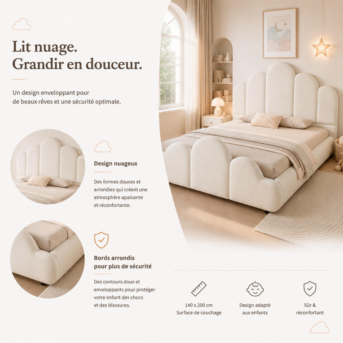 POLSTERBETT 140/200 mit gepolstertem Kopfteil und abgerundeten Ecken in Beige - Beige, Holzwerkstoff/Textil (140/200cm) - EVRYAE