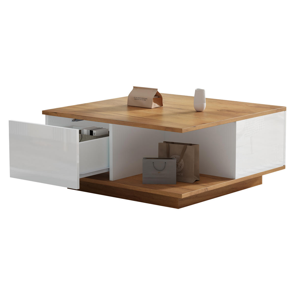 COUCHTISCH geometrisch Weiß/Holzoptik 70/70/31,5 cm mit 3 Schubladen - Walnussfarben/Weiß, Holzwerkstoff (70/70/31.5cm)