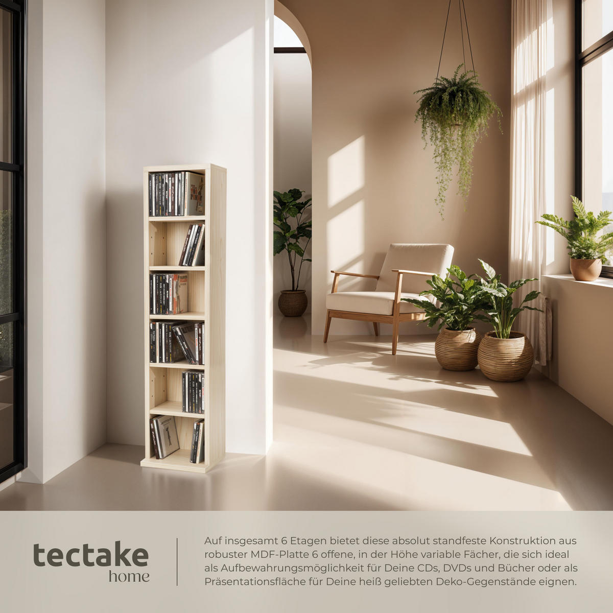 CD/DVD Regal Juliane,90 x 21 x 20 cm,buche - Buchefarben, Holz (21/90/20cm) - tectake