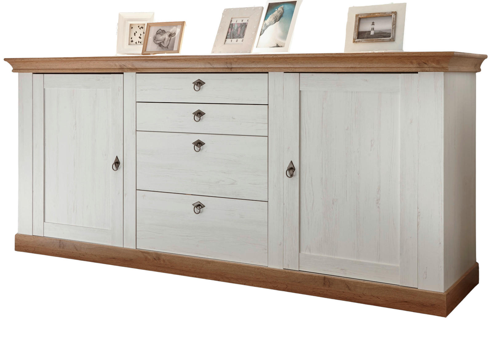 SIDEBOARD weiß Pinie, Eiche Wotan 210 cm, Anrichte im Landhaus-Stil - Eiche Wotan/Silberfarben, Holzwerkstoff/Metall (210/91/52cm) - Furn.Design