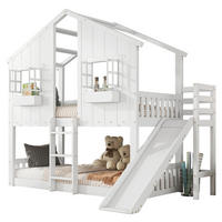ETAGENBETT aus Kiefer und MDF 90x200 cm Weiß/Natur mit Rutsche, Dach, Fenstern und Fallschutz - Weiß, Holzwerkstoff (90/200cm) - Modfu