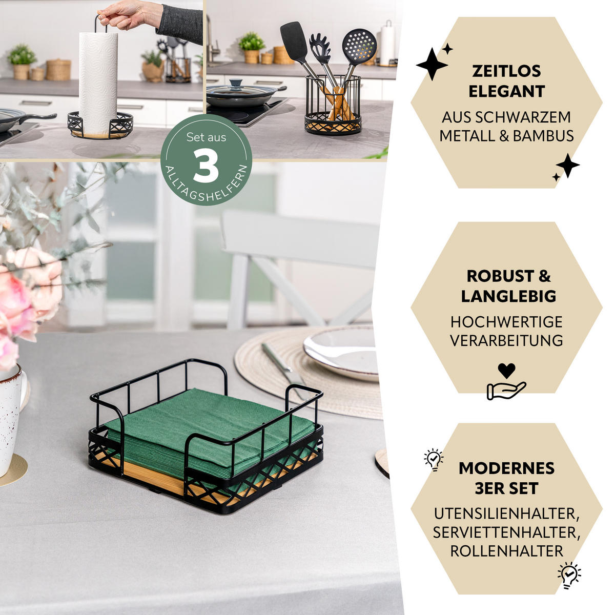 KÜCHENUTENSILIEN 3er Set, Metall, Bambus, schwarz - Schwarz, Metall (19/8/19cm) - bremermann
