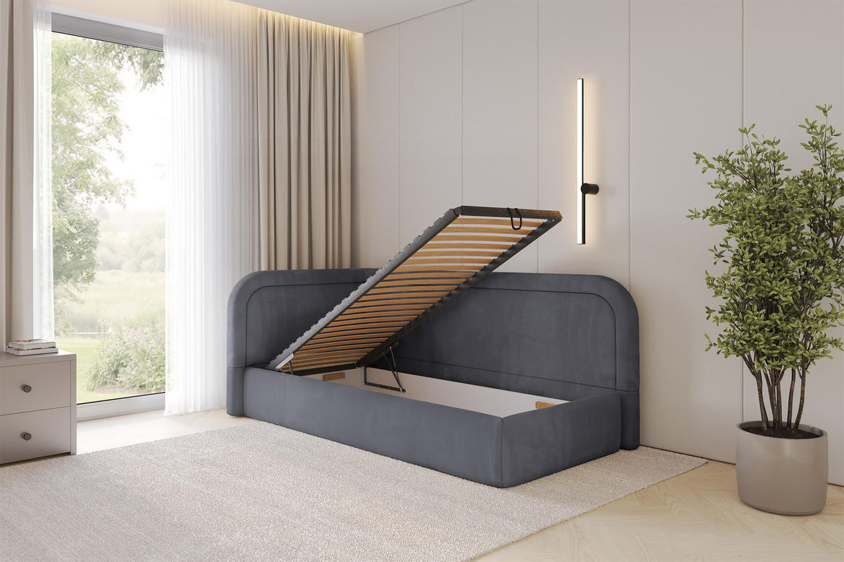 EINZELLBETT Jugendbett mit Bettkasten, Rechts - JOVY 100x200 Dunkelgrau - Titanfarben, Holzwerkstoff/Textil (100/200cm) - ALTDECOR