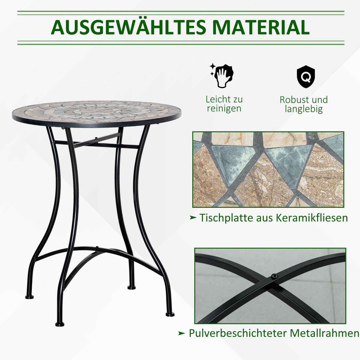 GARTENTISCH Ø60x71 cm Schwarze mit Mosaikplatte & Metallgestell - Naturfarben, Keramik (60/60/71cm) - Modfu