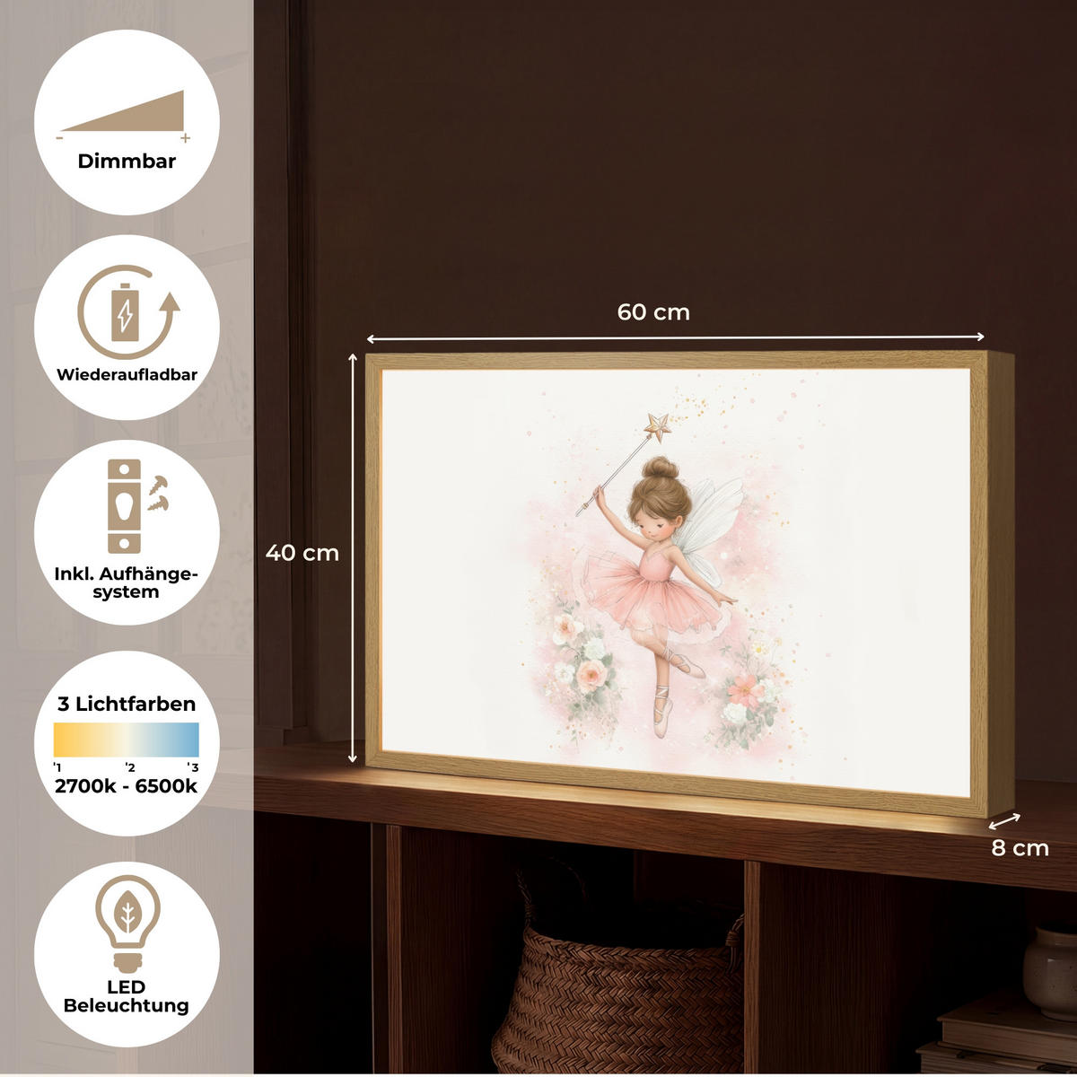 NACHTTISCHLAMPE MIT AKKU Ballerina - Fee - Blumen - Rosa 60x40 cm - Rosa, Holzwerkstoff (8/60/40cm) - OnlyWow