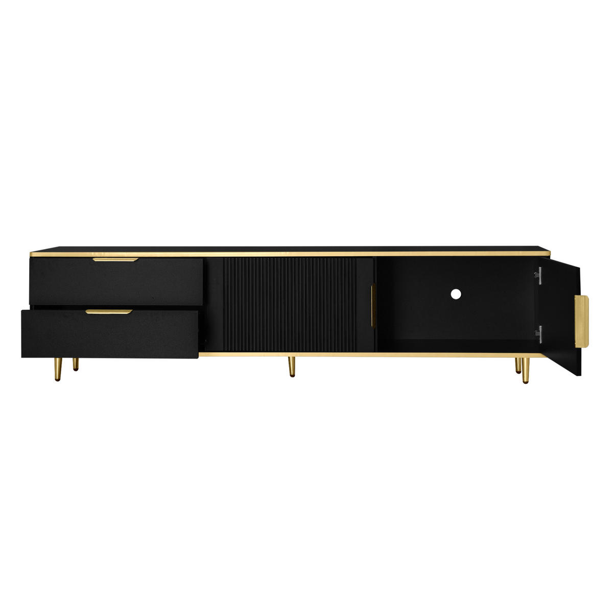 TV-LOWBOARD aus MDF und Spanplatte 170x45x37 cm Schwarz-Gold mit 2 Schubladen und 2 Türen, geschnitzte Front - Schwarz, Holzwerkstoff (175/45/40cm) - Modfu