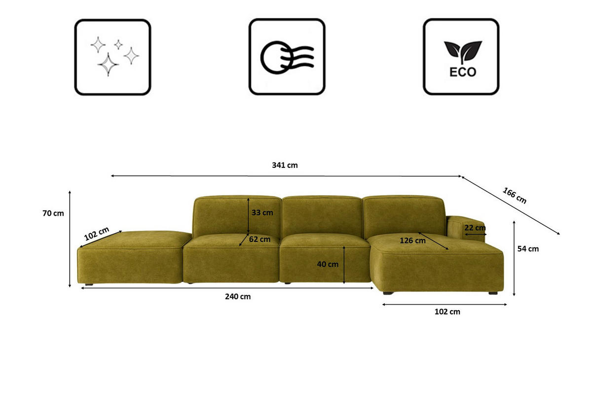 ECKSOFA Cursal L-Form, Stoff Salvador, Olive + Hocker, Rechts - Olivgrün, Holz (341/166cm) - Kaiser Möbel