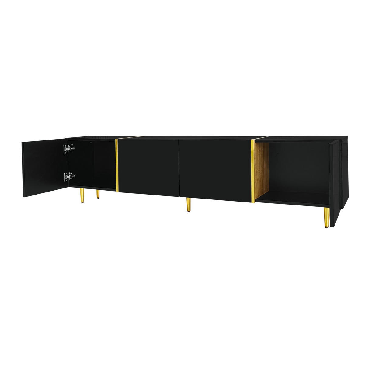 TV-LOWBOARD aus MDF 170x35x46 cm Schwarz Hochglanz mit 4 Türen, Goldakzenten und Soft-Close - Schwarz, Holzwerkstoff (170/46/35cm) - IVMEU