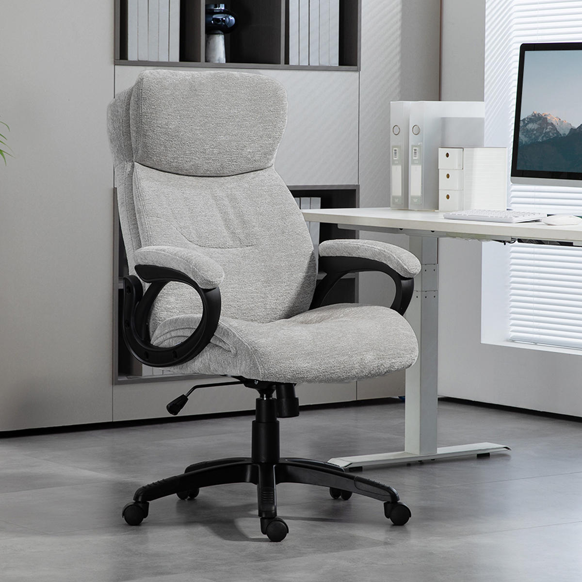 HOMCOM Bürostuhl mit Wippfunktion, ergonomisch Schreibtischstuhl, Drehstuhl - Hellgrau, Kunststoff (66/115.5/77cm) - HOMCOM