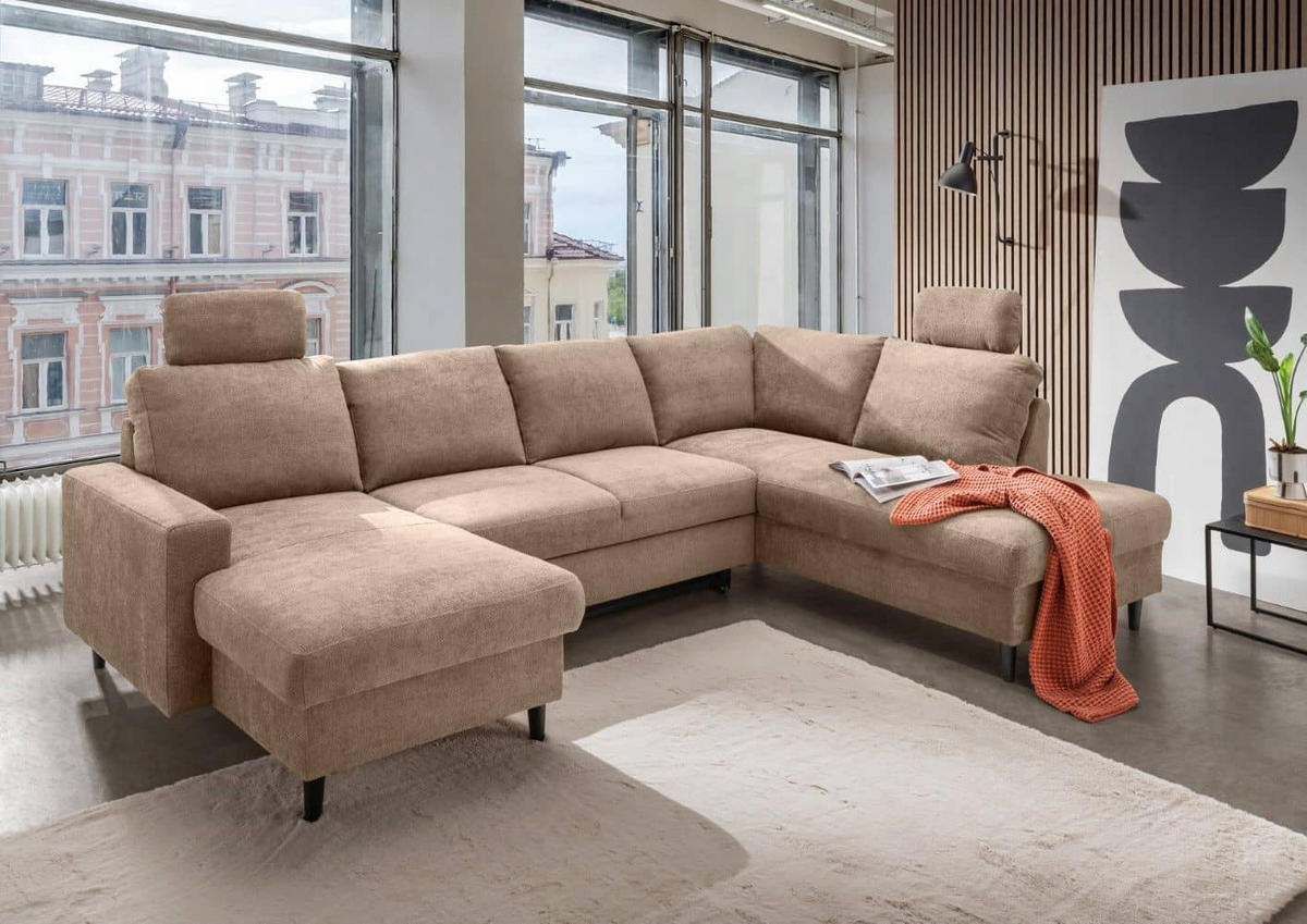 WOHNLANDSCHAFT mit Schlaffunktion und Bettkasten - Hellbraun/Schwarz, Kunststoff/Textil (200/88/305cm) - myHomelando