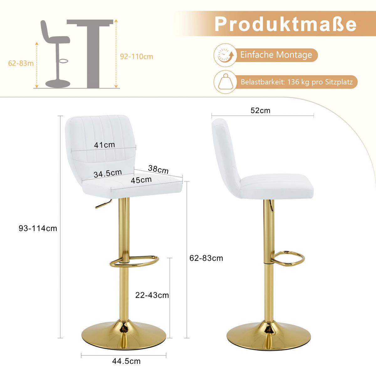 BARHOCKER höhenverstellbar 62-83 cm Weiß-Gold - Weiß, Metall (45/114/52cm) - Meubliv
