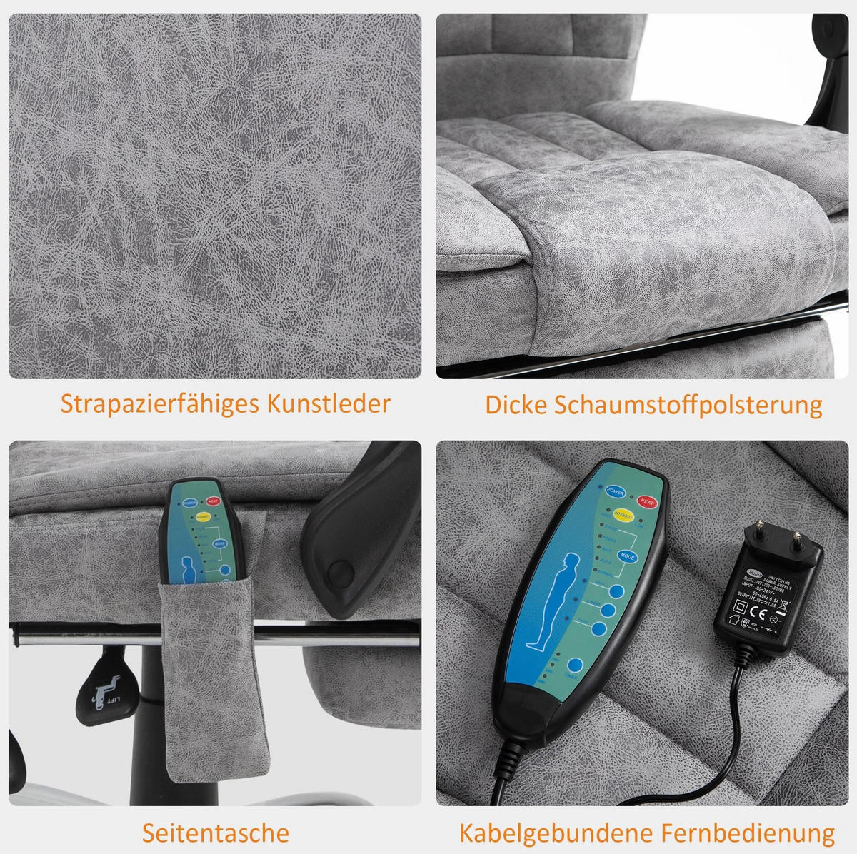 BÜROSESSEL in Grau 67x62x113 cm mit Massage- und Wärmefunktion, Fußstütze - Grau, Kunststoff (62/113/67cm) - IVMEU