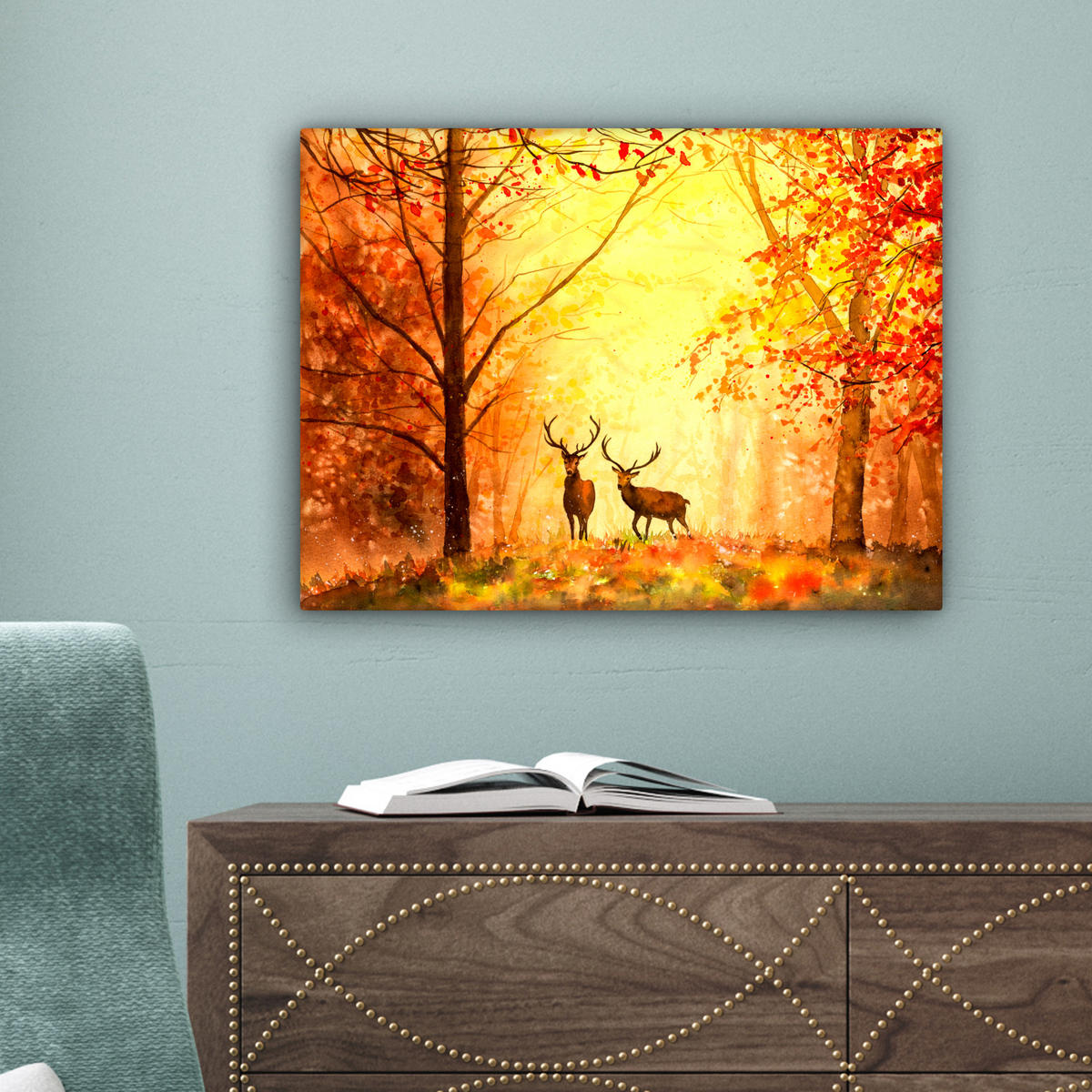 LEINWANDBILD Natur - Ölfarbe - Hirsche - Tiere - Herbst - Orange 40x30 cm - Orange, Textil (40/30cm) - MuchoWow