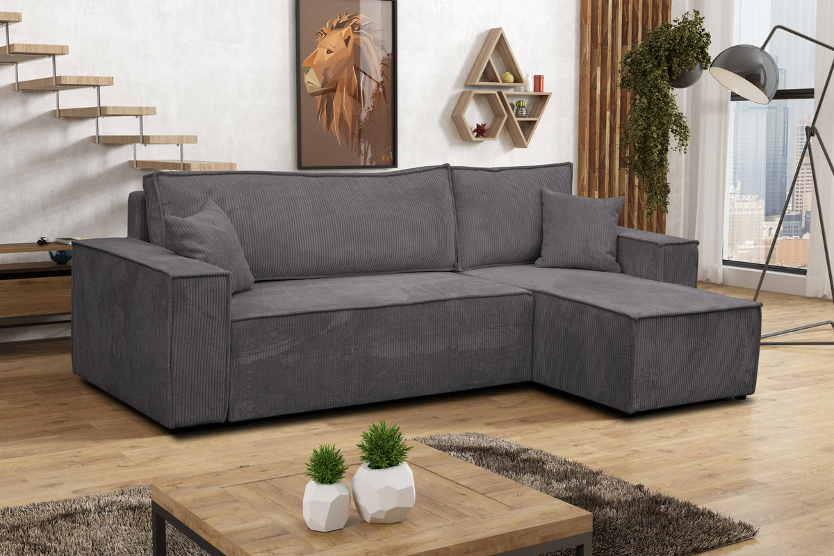 ECKSOFA Hugo L in L-Form mit Schlaffunktion und Bettkasten, Farbe: Dunkelgrau, Cordstoff, Ottomane Unsiversal - Dunkelgrau, Textil (244/145cm) - VENASI MÖBEL