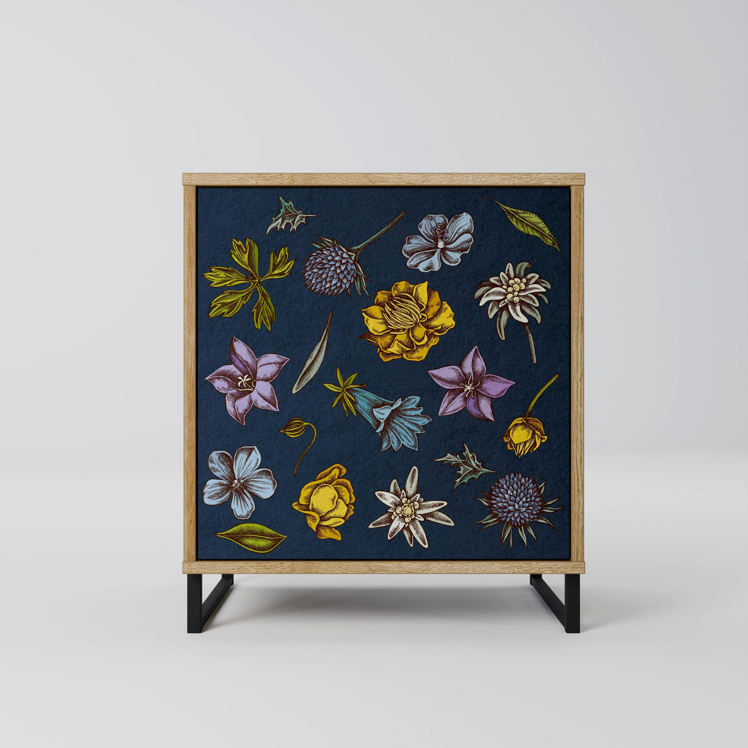 SIDEBOARD FLOWERS ON NAVY BLUE, Eichefarben, 57,5x42x67,5 cm, Schwarze Metall-Rahmenfüße - Eichefarben/Multicolor, Holzwerkstoff/Metall (57.5/67.5/42cm) - SpaceRebels