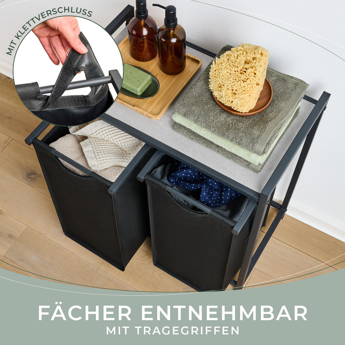 WÄSCHESAMMLER 2 Fächer Schwarz - Wäschekorb mit Ablage in Beton-Optik - Wäschesortierer 2 Fächer - Schwarz, Textil (64.5/73/36cm) - Blumtal