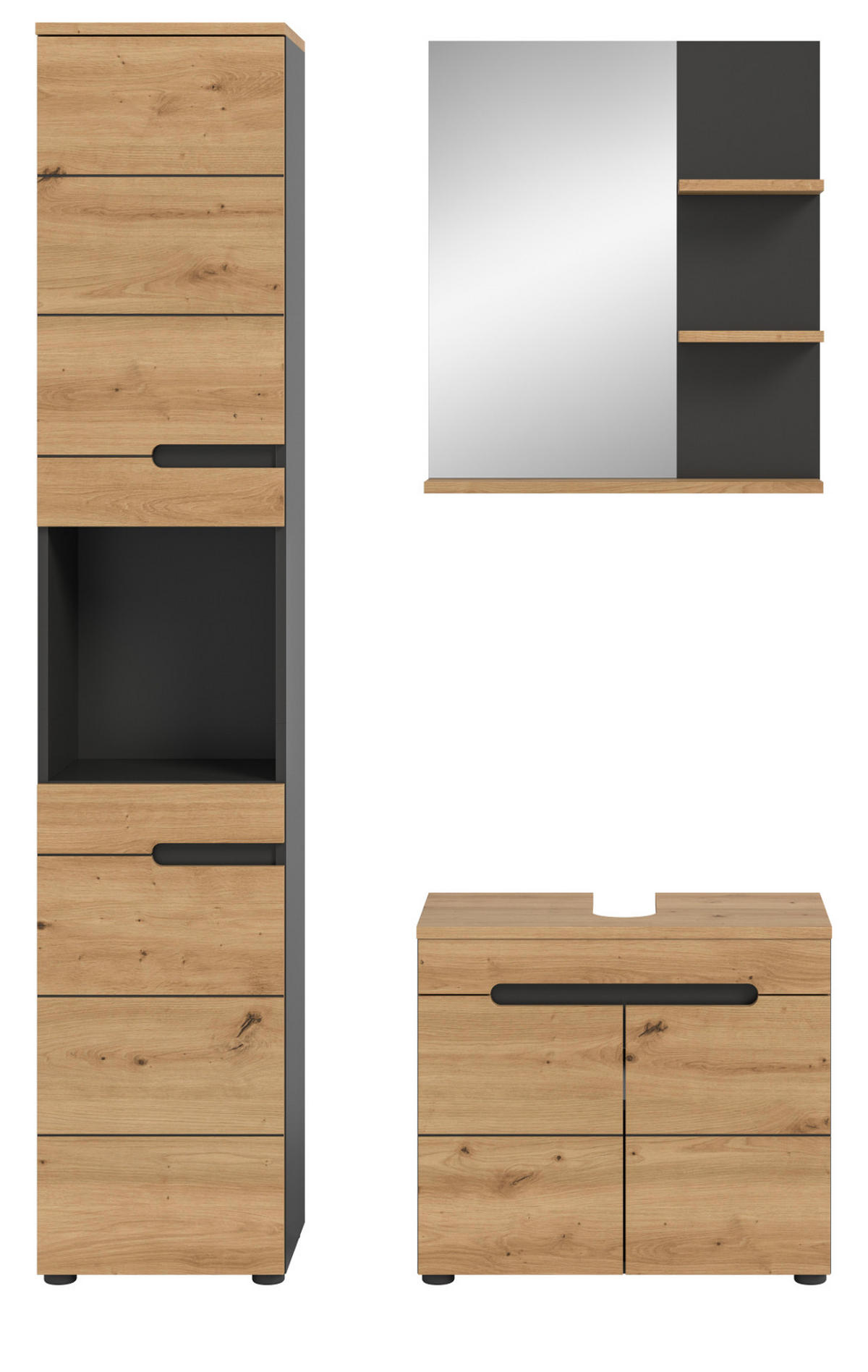 BADMÖBEL-SET Eiche, grau 3-teilig 116 cm, Komplettset mit Soft-Close - Schwarz/Eiche Artisan, Glas/Holzwerkstoff (116/193/34cm) - Inn.Furn
