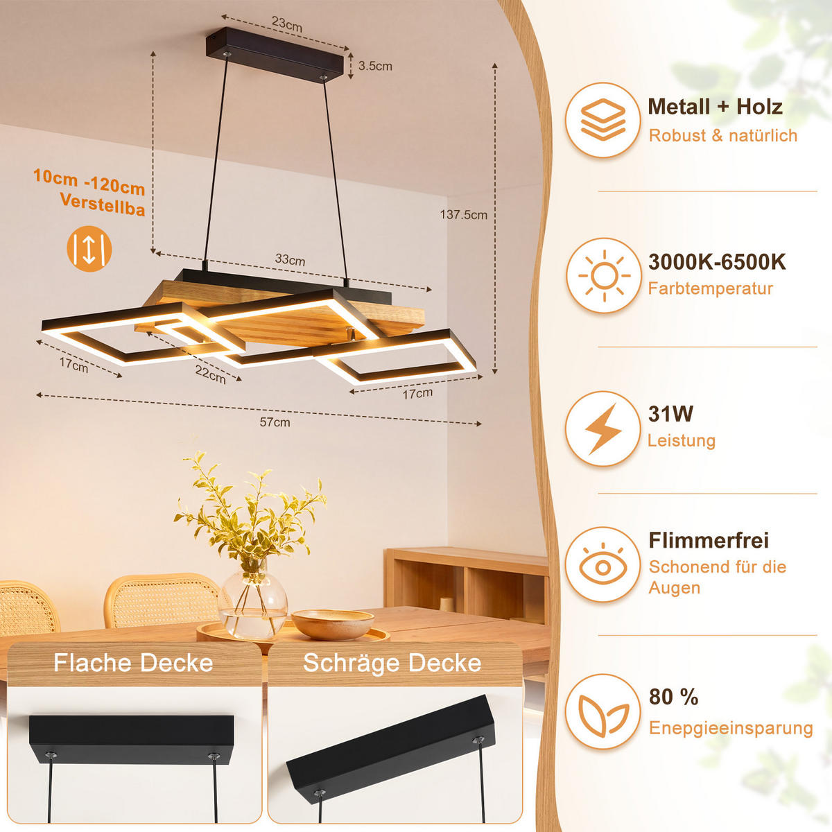 LED PENDELLEUCHTE Xandris 55/31/120 cm - Schwarz/Braun, Holz/Metall (55/31/120cm) - ZMH