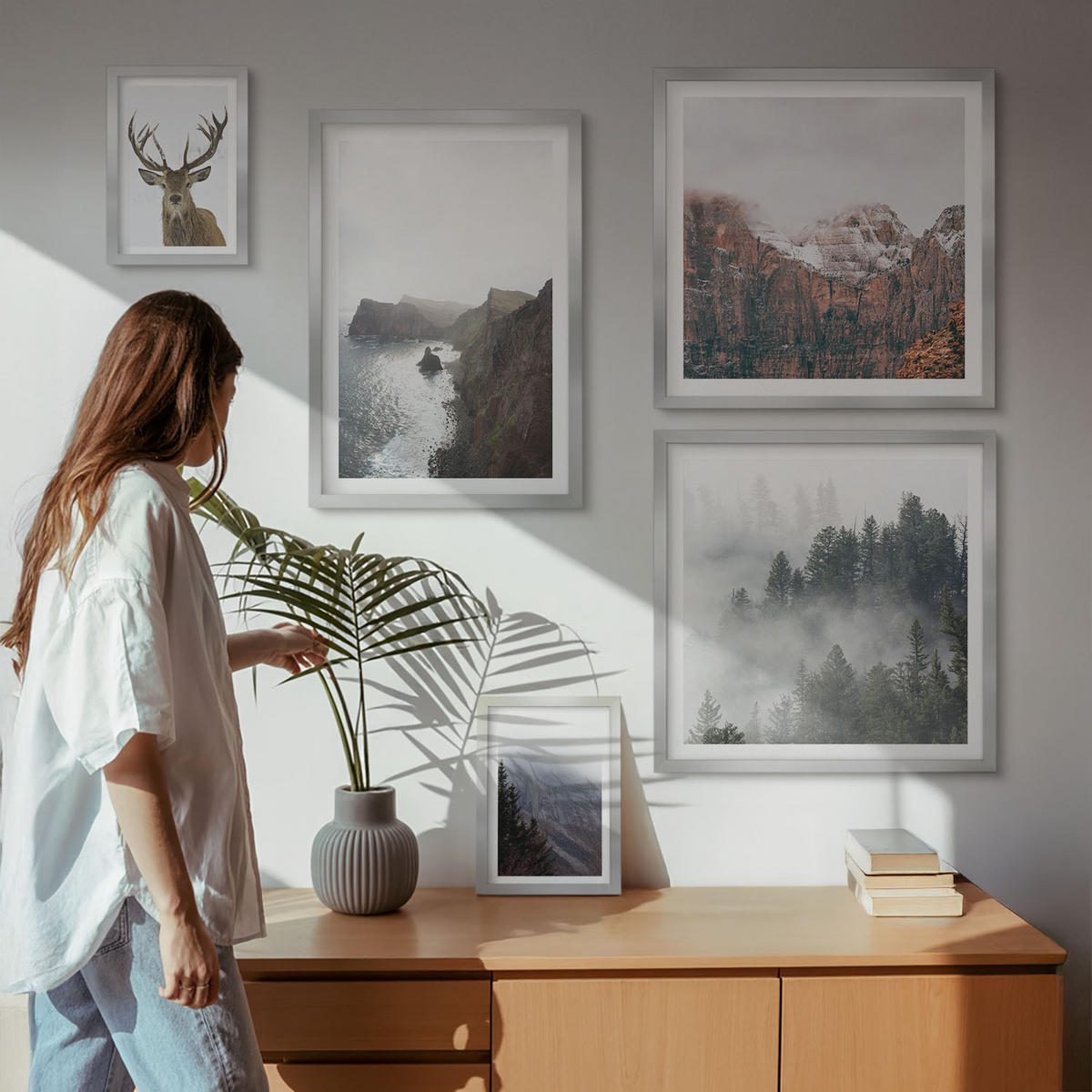 BILDER SET 5er Set - 50x50 cm & 20x30 cm & 40x60 cm Silberner Rahmen - Berglandschaft Nebel Hirsch - Silberfarben, Kunststoff (40/60cm) - TULUP