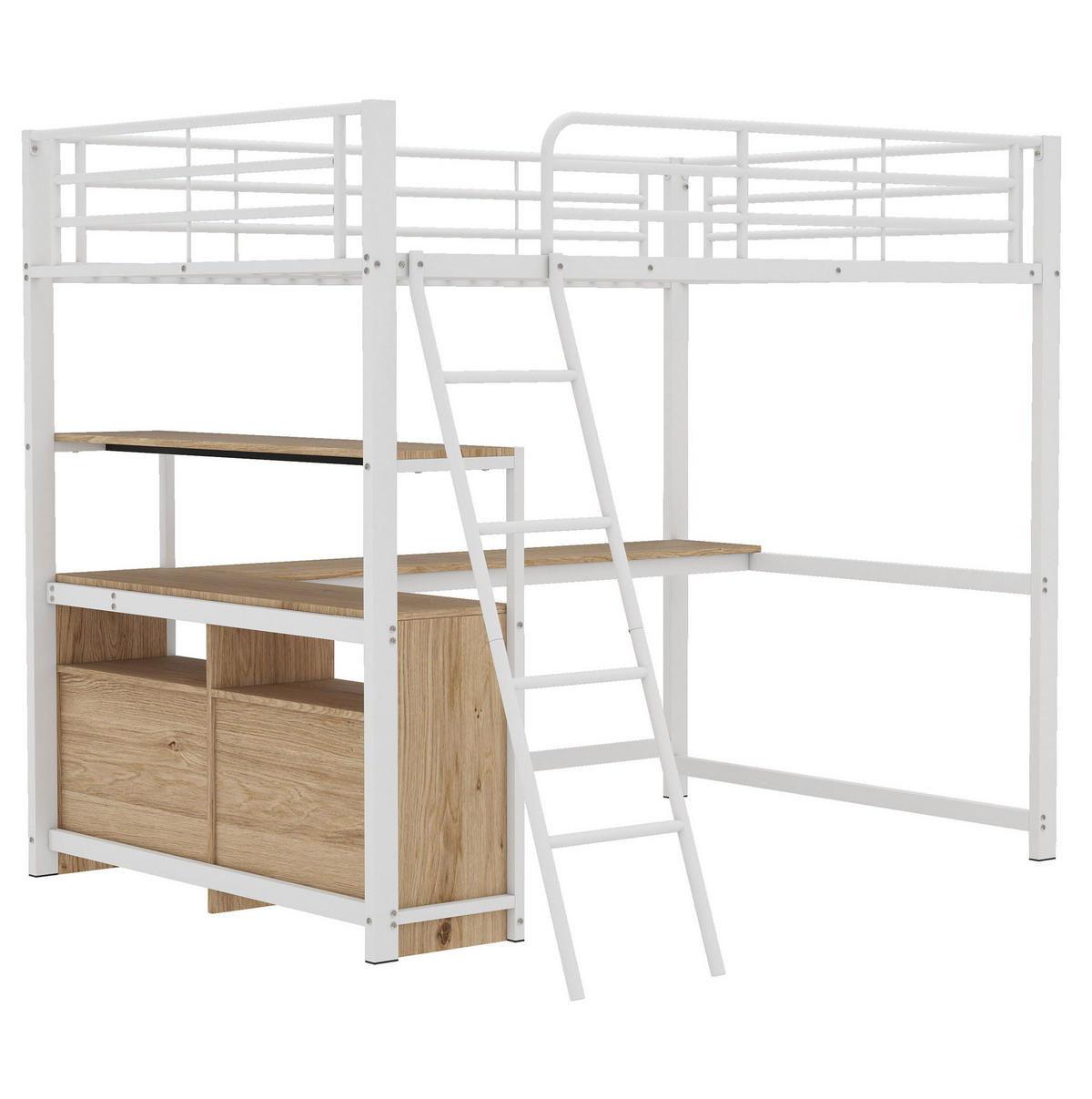 HOCHBETT 140/200 cm, Weiß mit L-förmigem Schreibtisch und 4 Schubladen - Weiß, Metall (140/200cm) - MIVRAY
